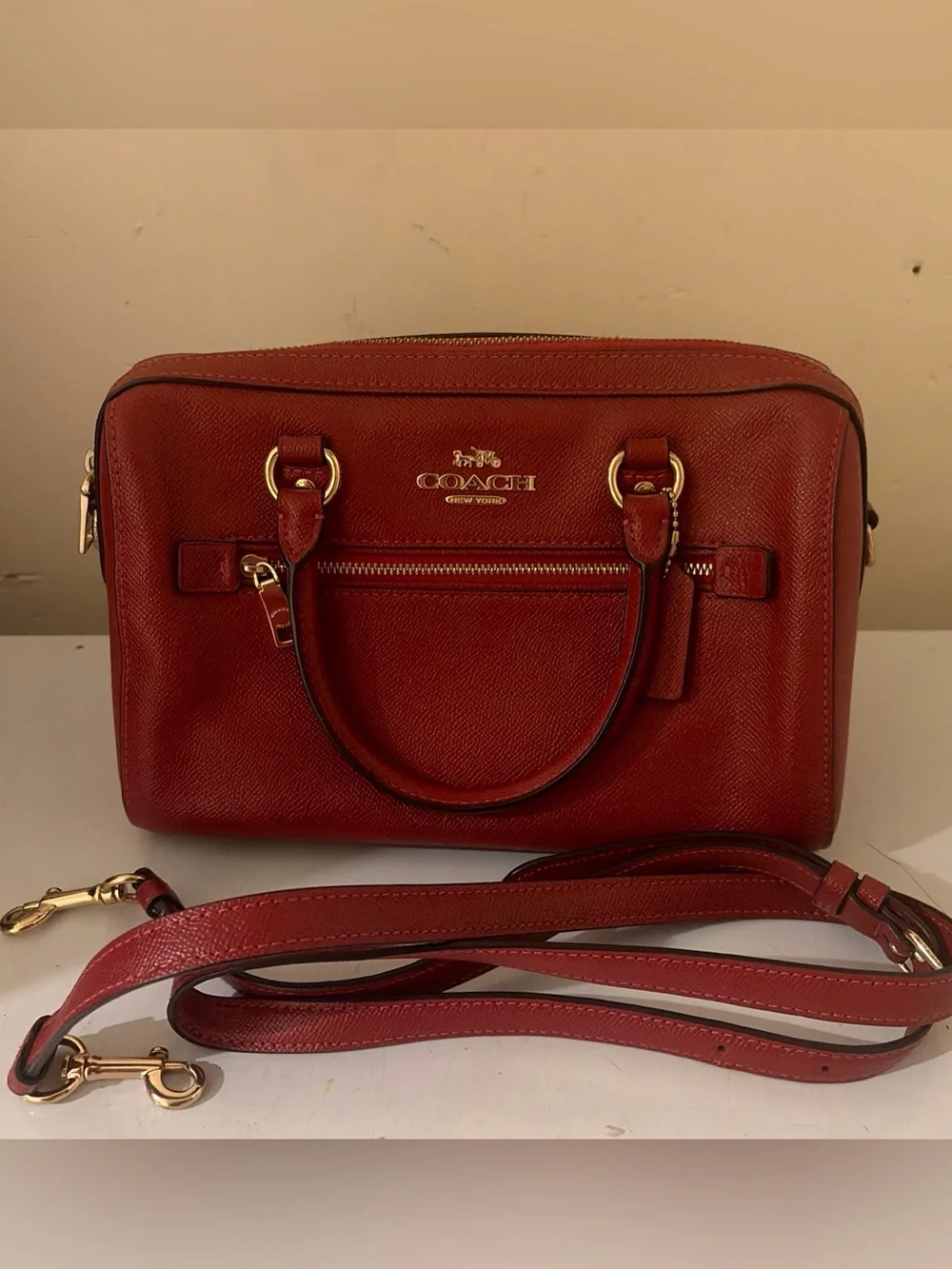 Coach Red Leather Satchel with Gold Hardware and Removable Strap